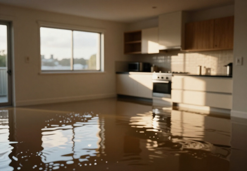 Flood-damaged office in Warwick Farm before restoration